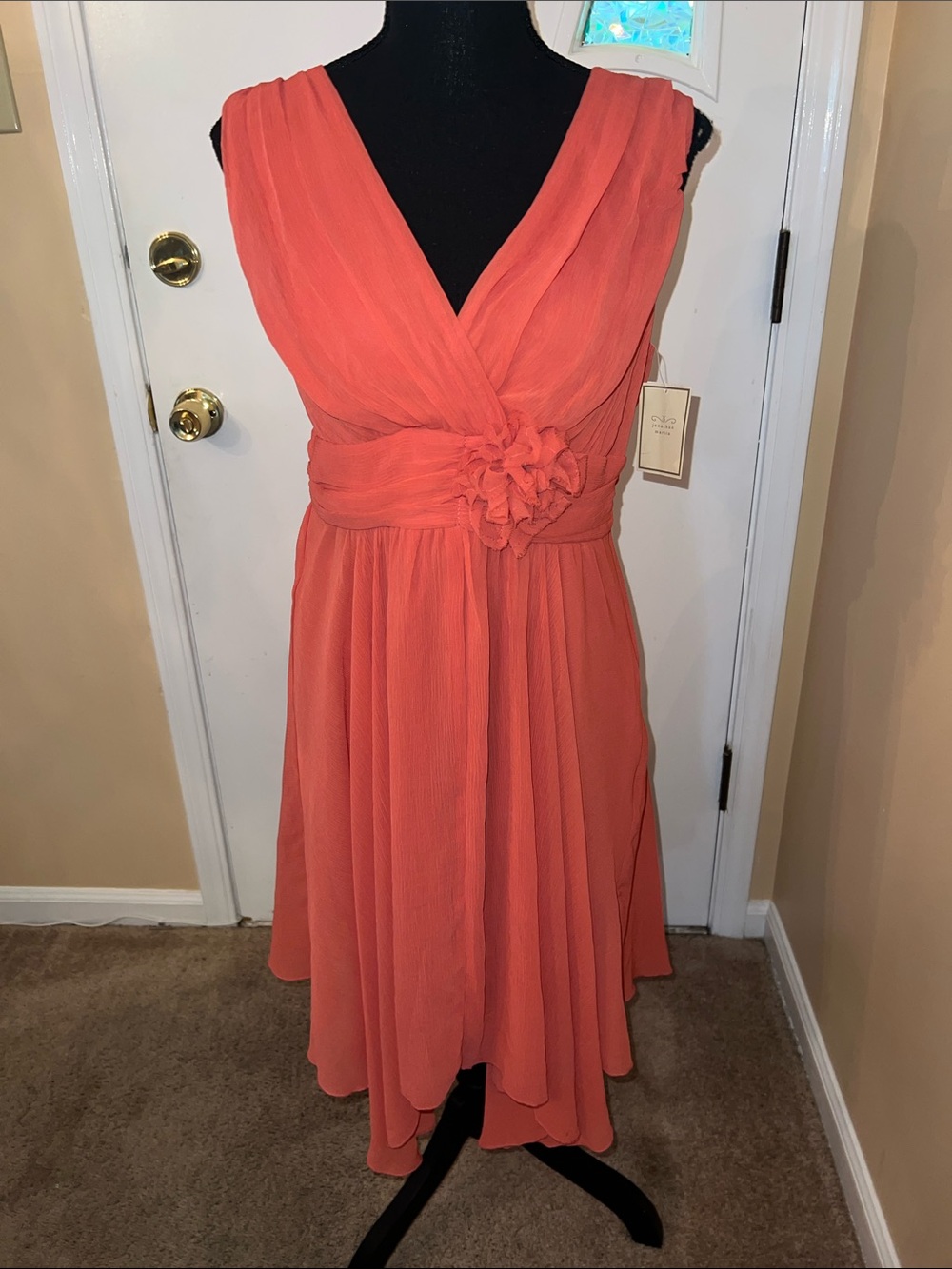 Jonathan Martin***Coral V-Neck Chiffon Floral Waist Dress